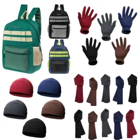 12 Multi-Color 17" Backpacks & Your Choice of 12 Winter Item Sets - Wholesale Care Package: Homeless, Emergency, Charity