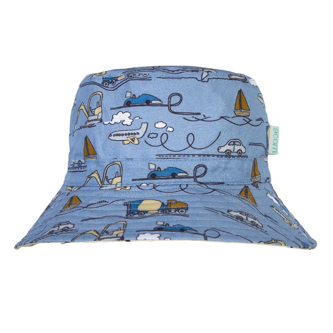 ACORN KIDS - TRANSPORT WIDE BRIM BUCKET HAT: BLUE/MULTI