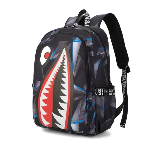 Backpack Elementary Bookbag Travel Rucksack Cartoon Shark Print Primary School Student Satchel Backpack