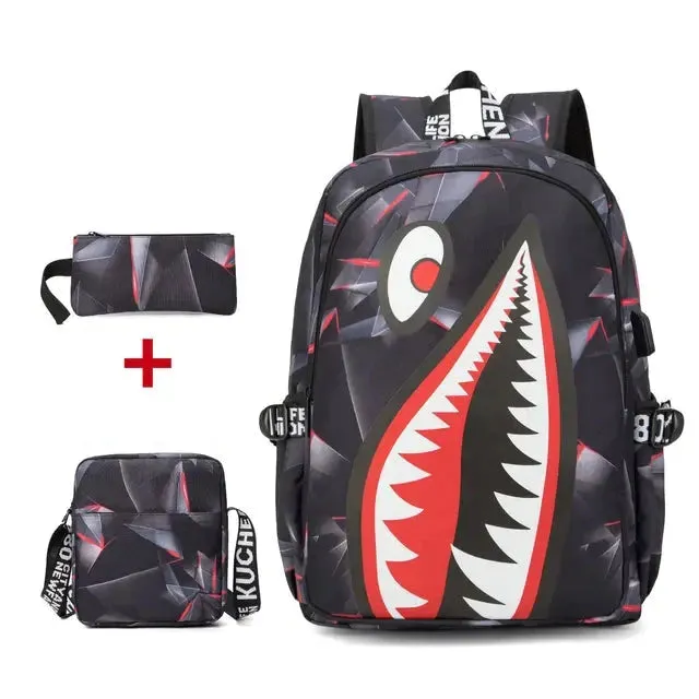 Backpack Elementary Bookbag Travel Rucksack Cartoon Shark Print Primary School Student Satchel Backpack