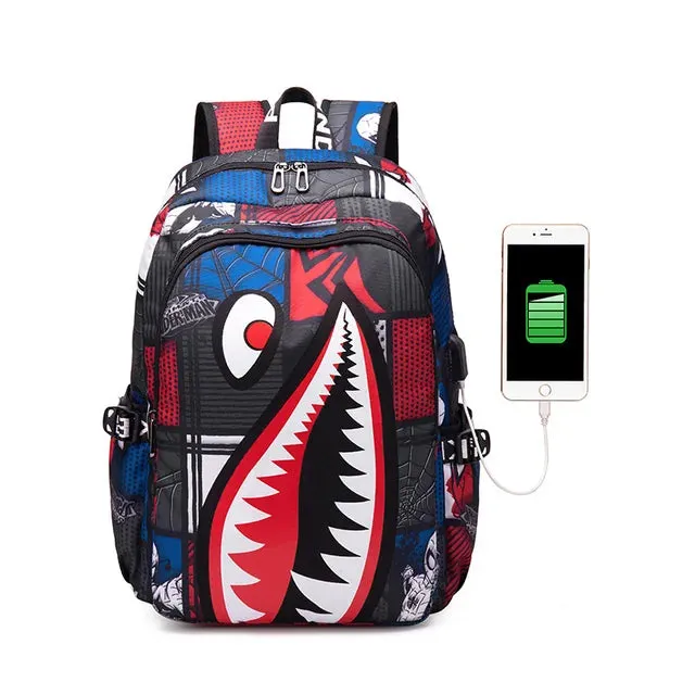 Backpack Elementary Bookbag Travel Rucksack Cartoon Shark Print Primary School Student Satchel Backpack