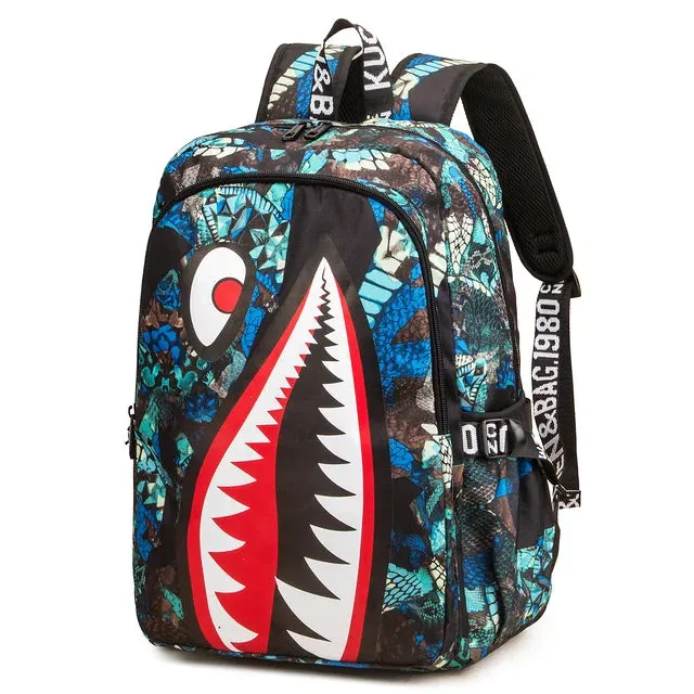 Backpack Elementary Bookbag Travel Rucksack Cartoon Shark Print Primary School Student Satchel Backpack