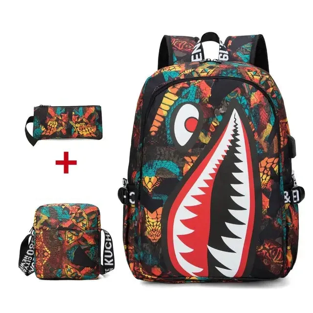 Backpack Elementary Bookbag Travel Rucksack Cartoon Shark Print Primary School Student Satchel Backpack