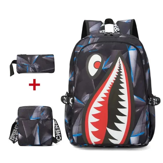 Backpack Elementary Bookbag Travel Rucksack Cartoon Shark Print Primary School Student Satchel Backpack