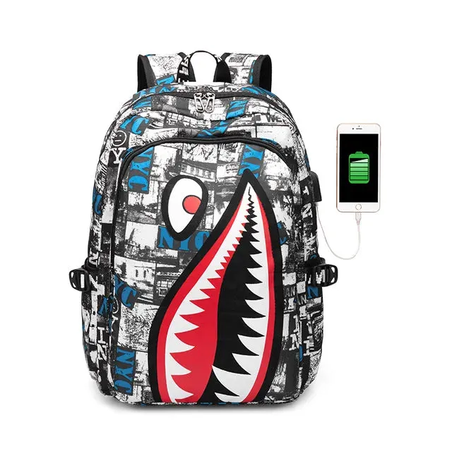 Backpack Elementary Bookbag Travel Rucksack Cartoon Shark Print Primary School Student Satchel Backpack