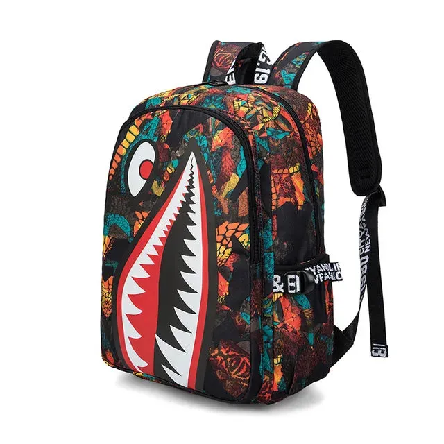 Backpack Elementary Bookbag Travel Rucksack Cartoon Shark Print Primary School Student Satchel Backpack