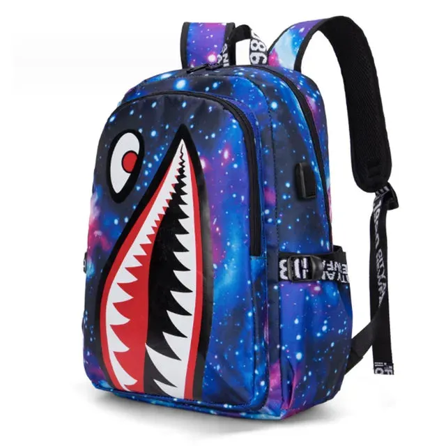 Backpack Elementary Bookbag Travel Rucksack Cartoon Shark Print Primary School Student Satchel Backpack
