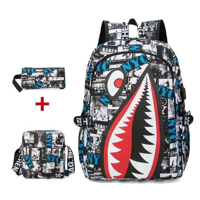 Backpack Elementary Bookbag Travel Rucksack Cartoon Shark Print Primary School Student Satchel Backpack