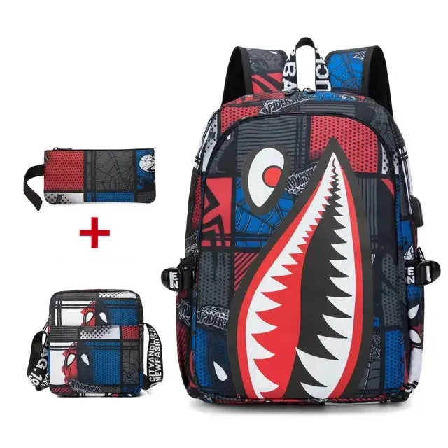Backpack Elementary Bookbag Travel Rucksack Cartoon Shark Print Primary School Student Satchel Backpack