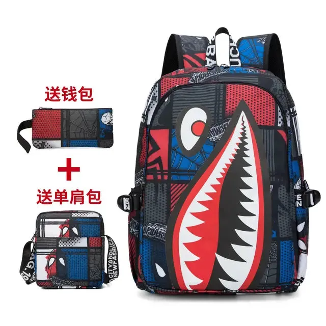 Backpack Elementary Bookbag Travel Rucksack Cartoon Shark Print Primary School Student Satchel Backpack