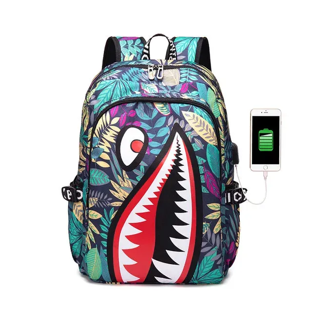 Backpack Elementary Bookbag Travel Rucksack Cartoon Shark Print Primary School Student Satchel Backpack