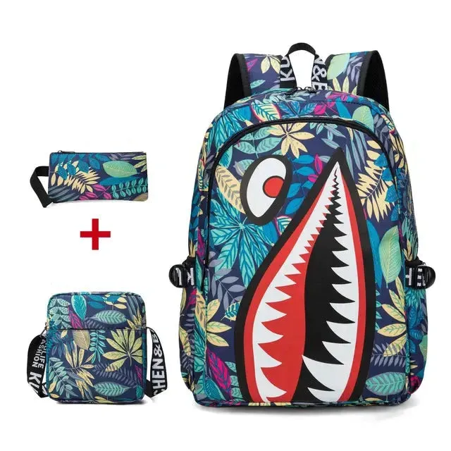 Backpack Elementary Bookbag Travel Rucksack Cartoon Shark Print Primary School Student Satchel Backpack