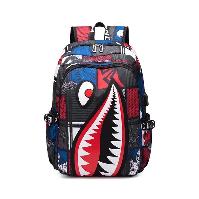 Backpack Elementary Bookbag Travel Rucksack Cartoon Shark Print Primary School Student Satchel Backpack