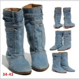 Blue Low Heel Denim Mid Calf Boots