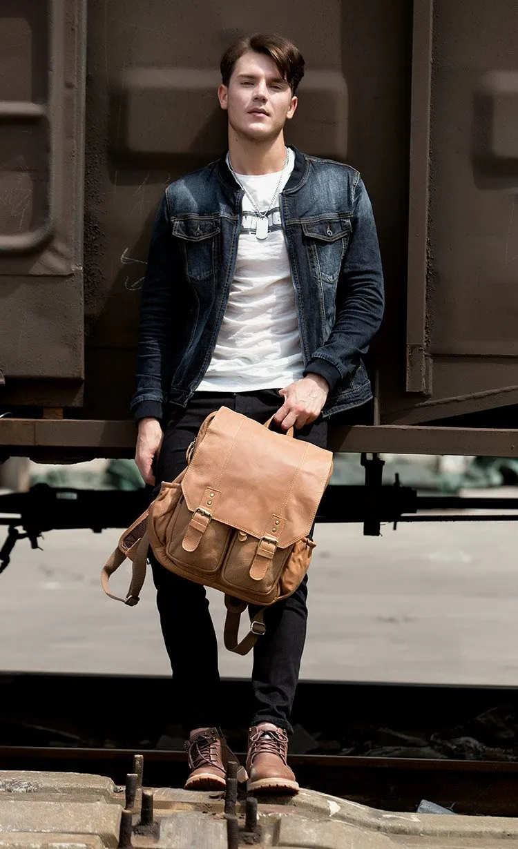 Brown Fashion Mens Leather 15-inch Computer Backpacks Cool Travel Backpacks College Backpack for men
