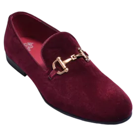 Burgundy Men's velvet Formal slip on loafers gold buckle Fancy design