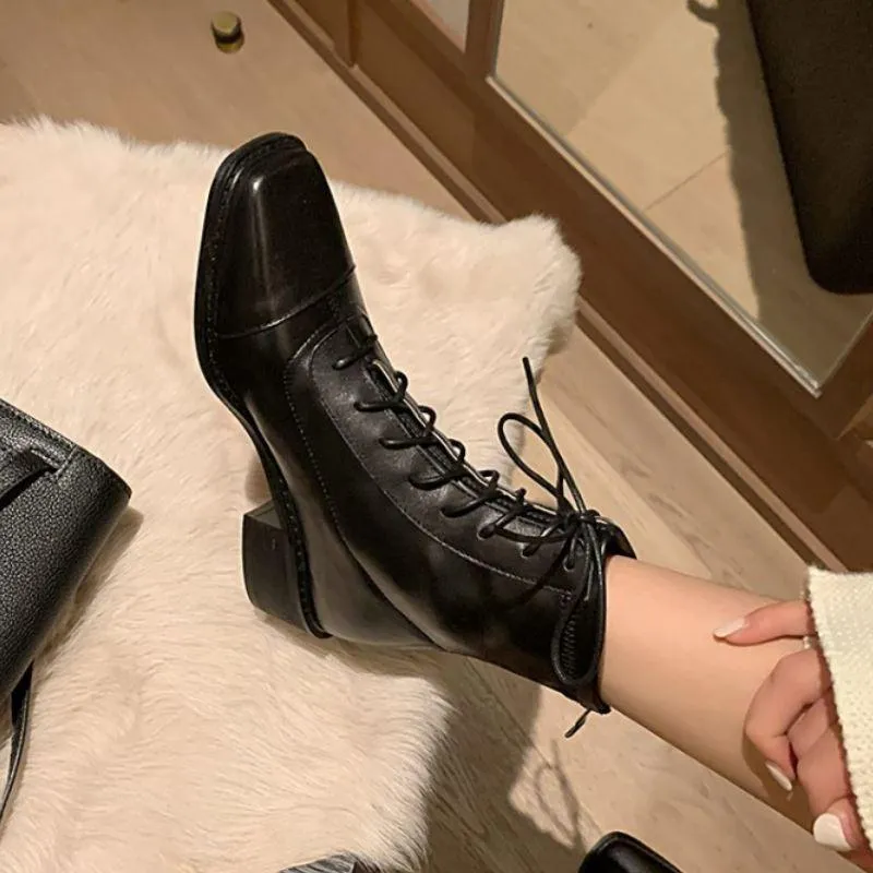 Chic Lace-Up Leather Winter Boots with Chunky Heels for Women
