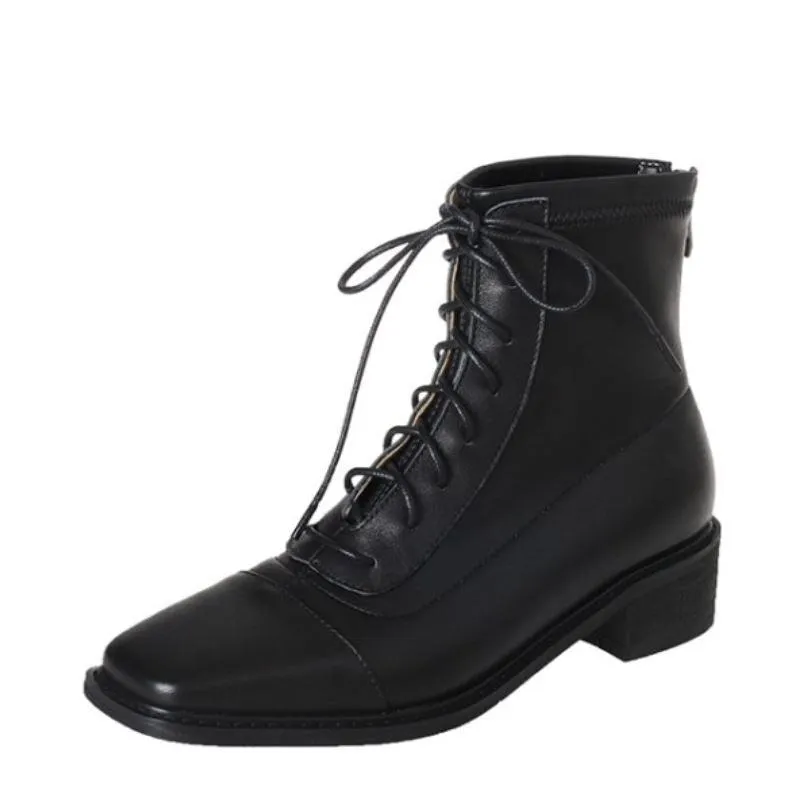 Chic Lace-Up Leather Winter Boots with Chunky Heels for Women