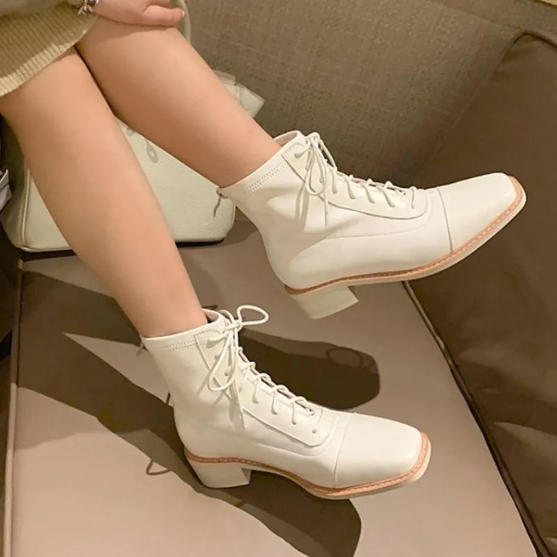 Chic Lace-Up Leather Winter Boots with Chunky Heels for Women