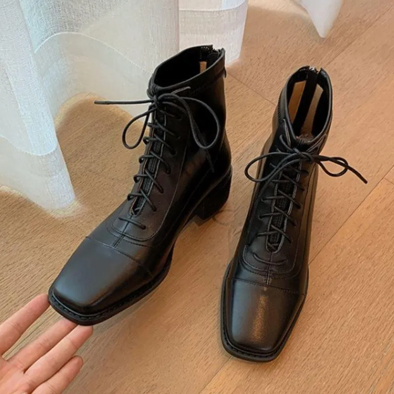 Chic Lace-Up Leather Winter Boots with Chunky Heels for Women