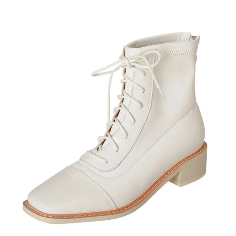 Chic Lace-Up Leather Winter Boots with Chunky Heels for Women