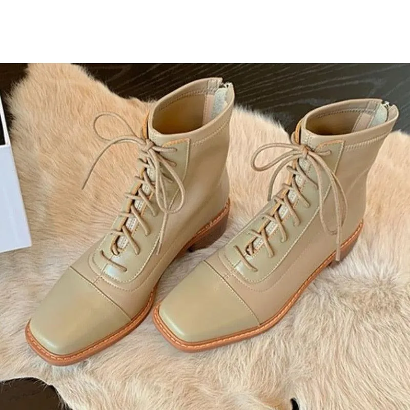 Chic Lace-Up Leather Winter Boots with Chunky Heels for Women