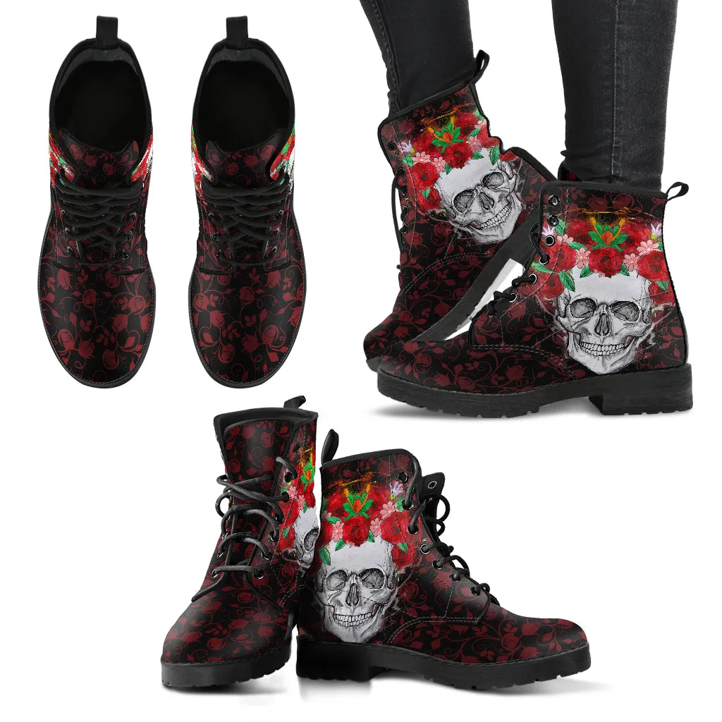 Combat Boots for Women - Skulls with Roses