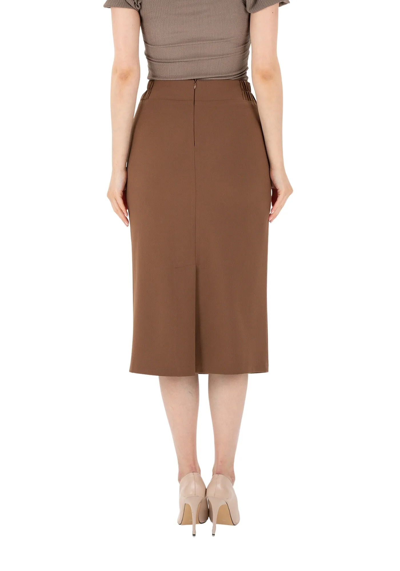 Copper Midi Pencil Skirt with Elastic Waist and Closed Back Vent