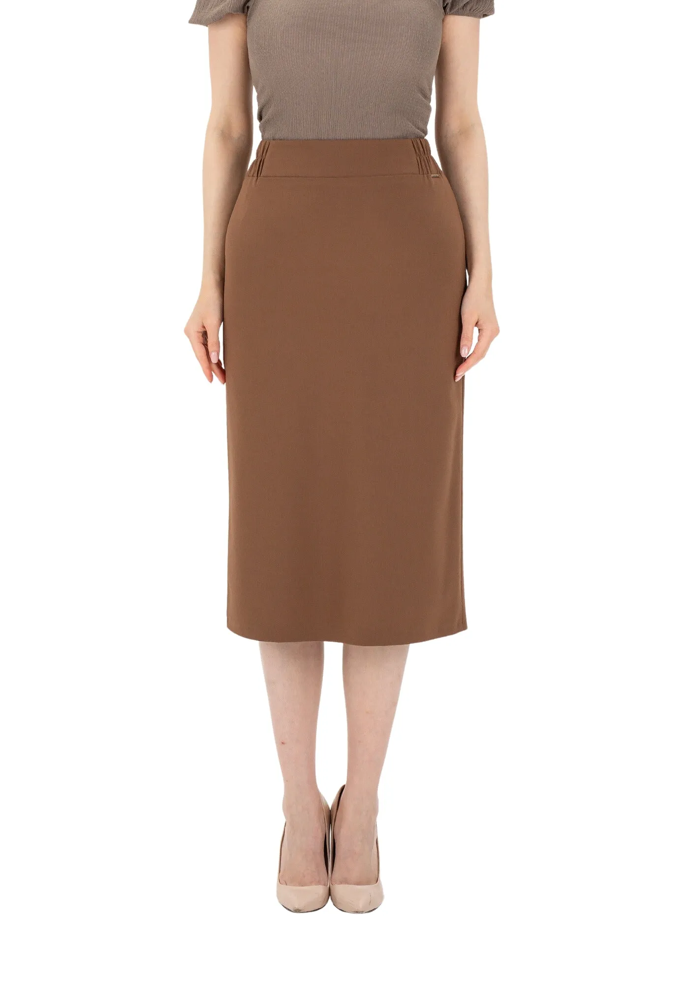 Copper Midi Pencil Skirt with Elastic Waist and Closed Back Vent