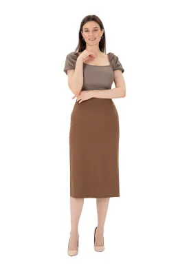 Copper Midi Pencil Skirt with Elastic Waist and Closed Back Vent