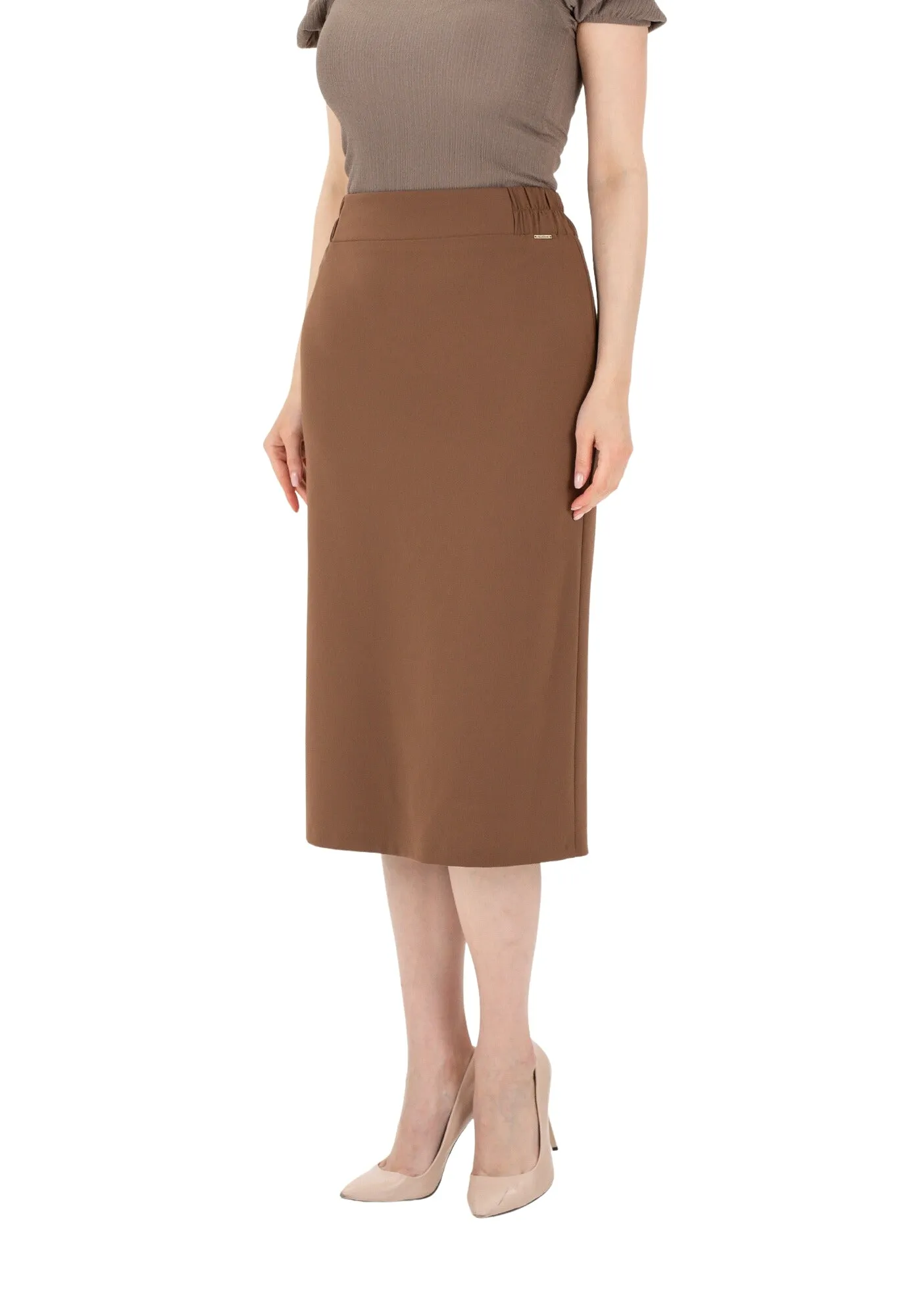 Copper Midi Pencil Skirt with Elastic Waist and Closed Back Vent