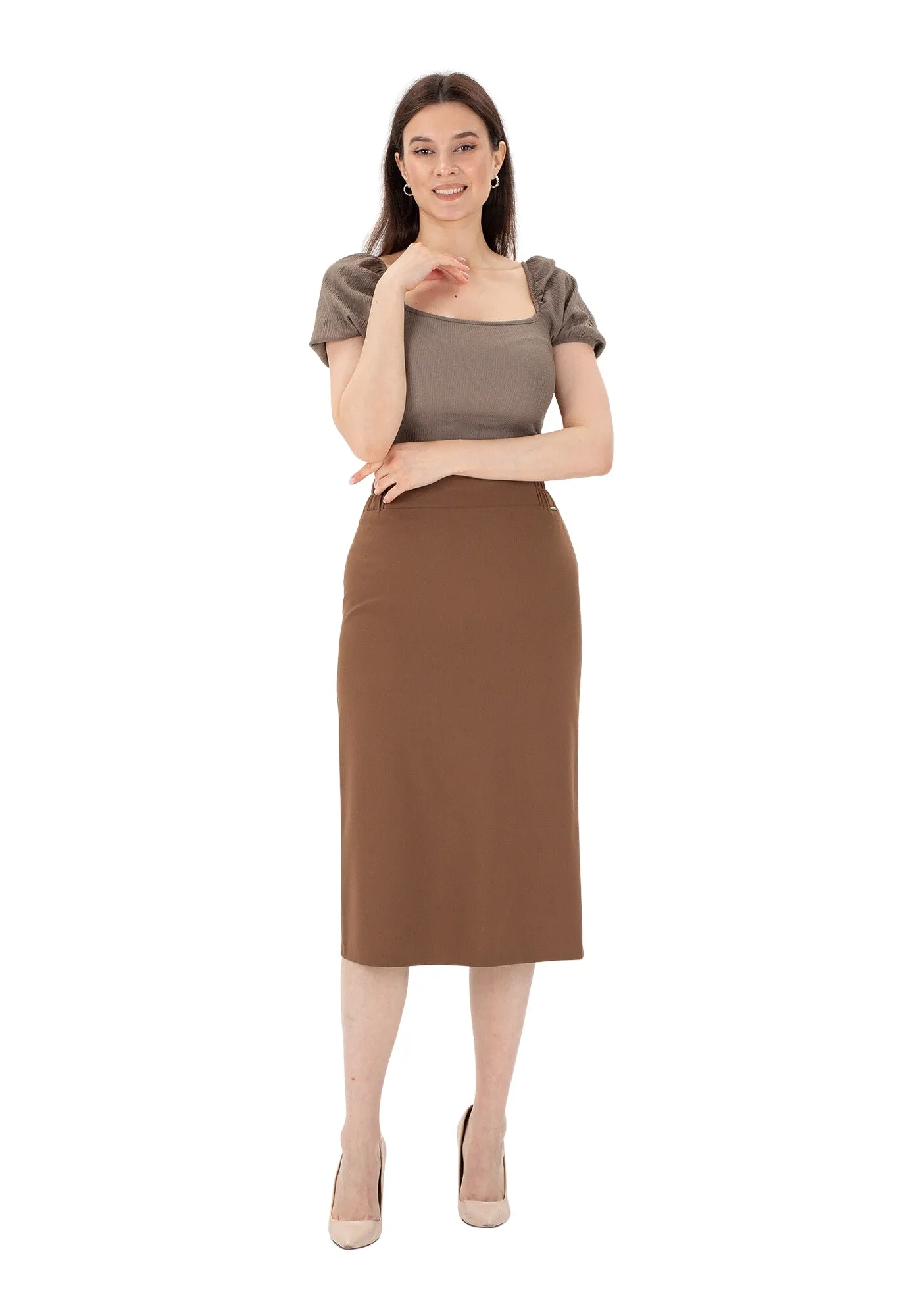 Copper Midi Pencil Skirt with Elastic Waist and Closed Back Vent