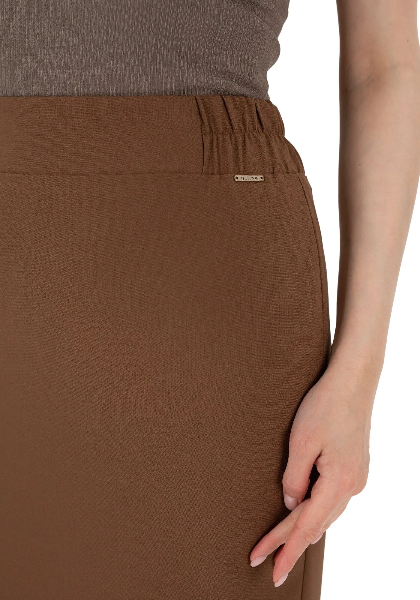 Copper Midi Pencil Skirt with Elastic Waist and Closed Back Vent
