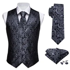 Designer Mens Classic Black Paisley Jacquard Silk Waistcoat Vests Handkerchief Tie Vest Suit Pocket Square Set
