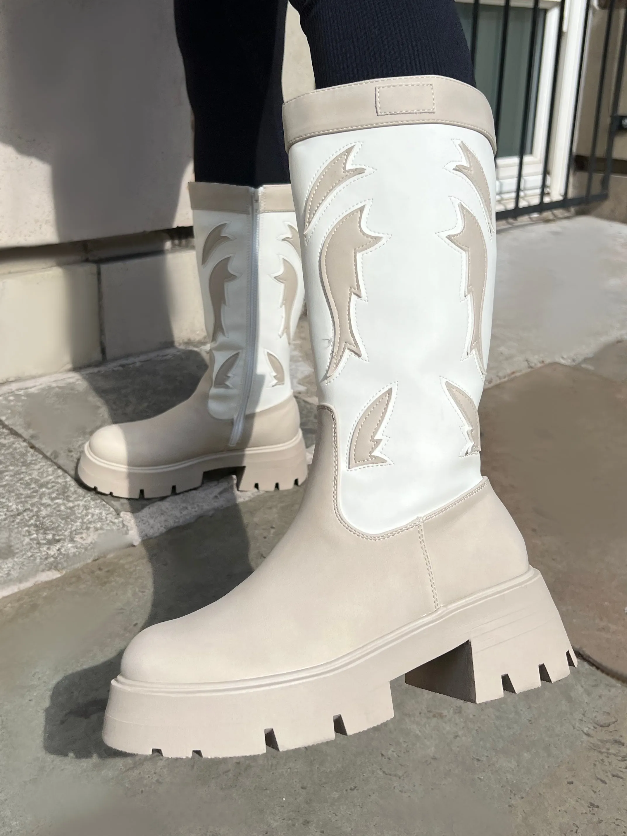 Fly Away Ecru Pu Western Cowboy Platform Chunky Sole Knee High Boots