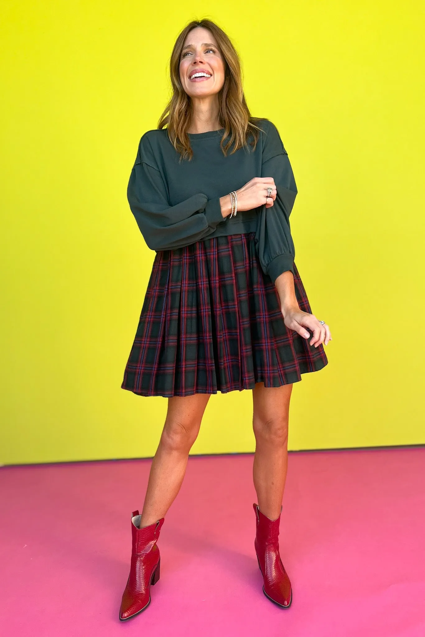 Forest Green Twofer Long Sleeve Plaid Skirt Dress *FINAL SALE*