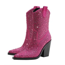 Go Go Girl Pointed Toe Mid-Calf Crystal Stone Boots