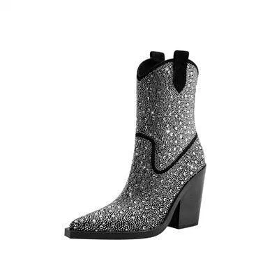 Go Go Girl Pointed Toe Mid-Calf Crystal Stone Boots