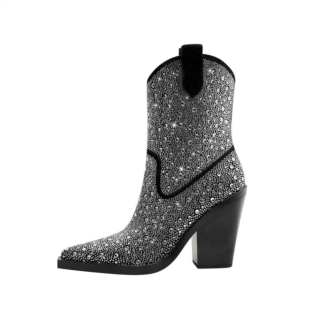 Go Go Girl Pointed Toe Mid-Calf Crystal Stone Boots