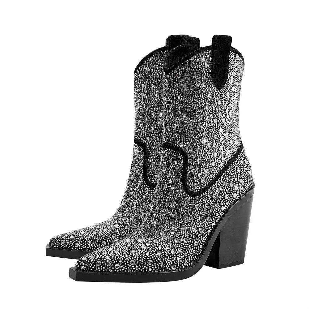 Go Go Girl Pointed Toe Mid-Calf Crystal Stone Boots