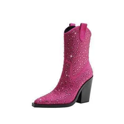 Go Go Girl Pointed Toe Mid-Calf Crystal Stone Boots
