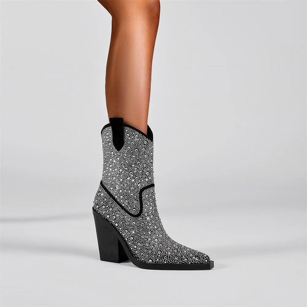 Go Go Girl Pointed Toe Mid-Calf Crystal Stone Boots