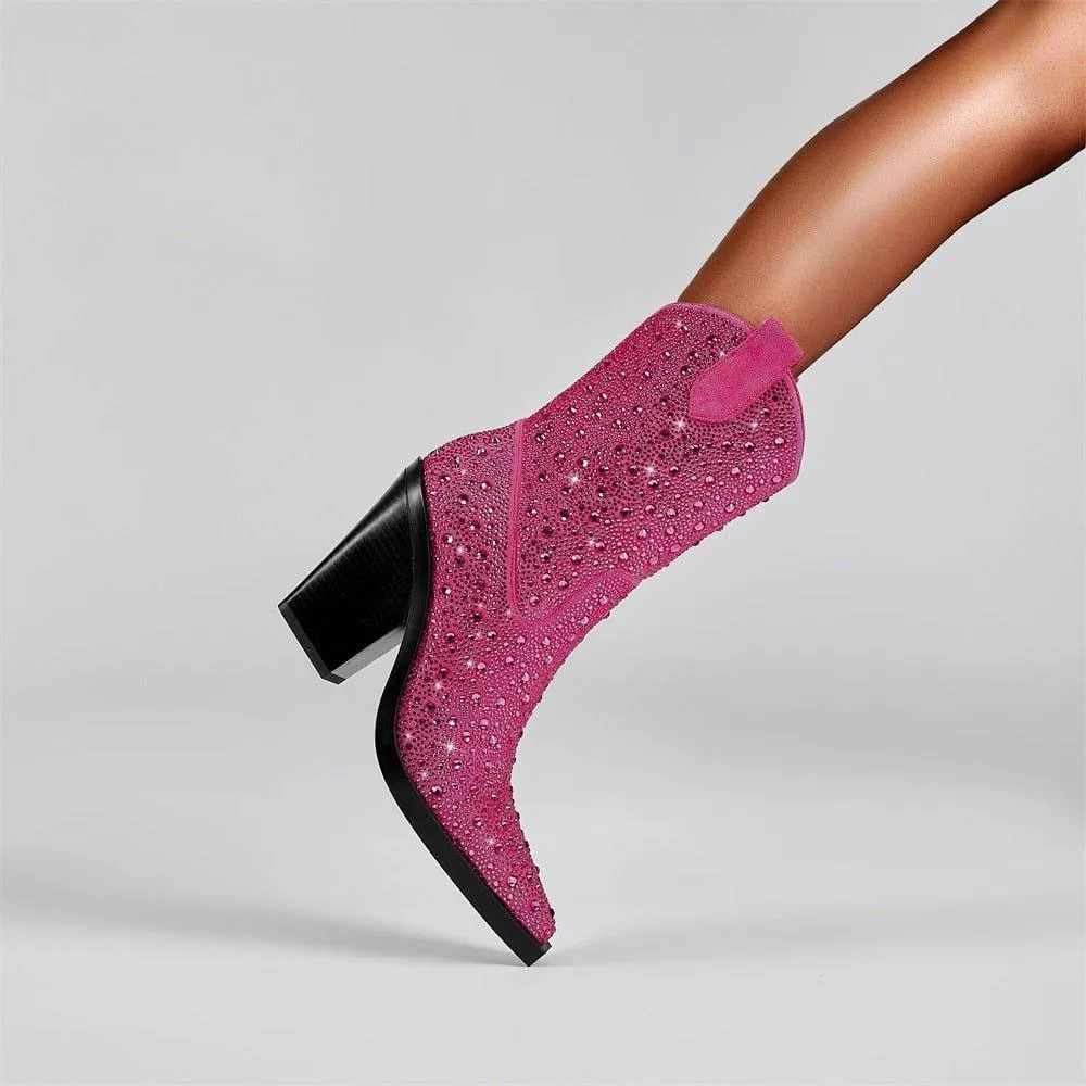 Go Go Girl Pointed Toe Mid-Calf Crystal Stone Boots
