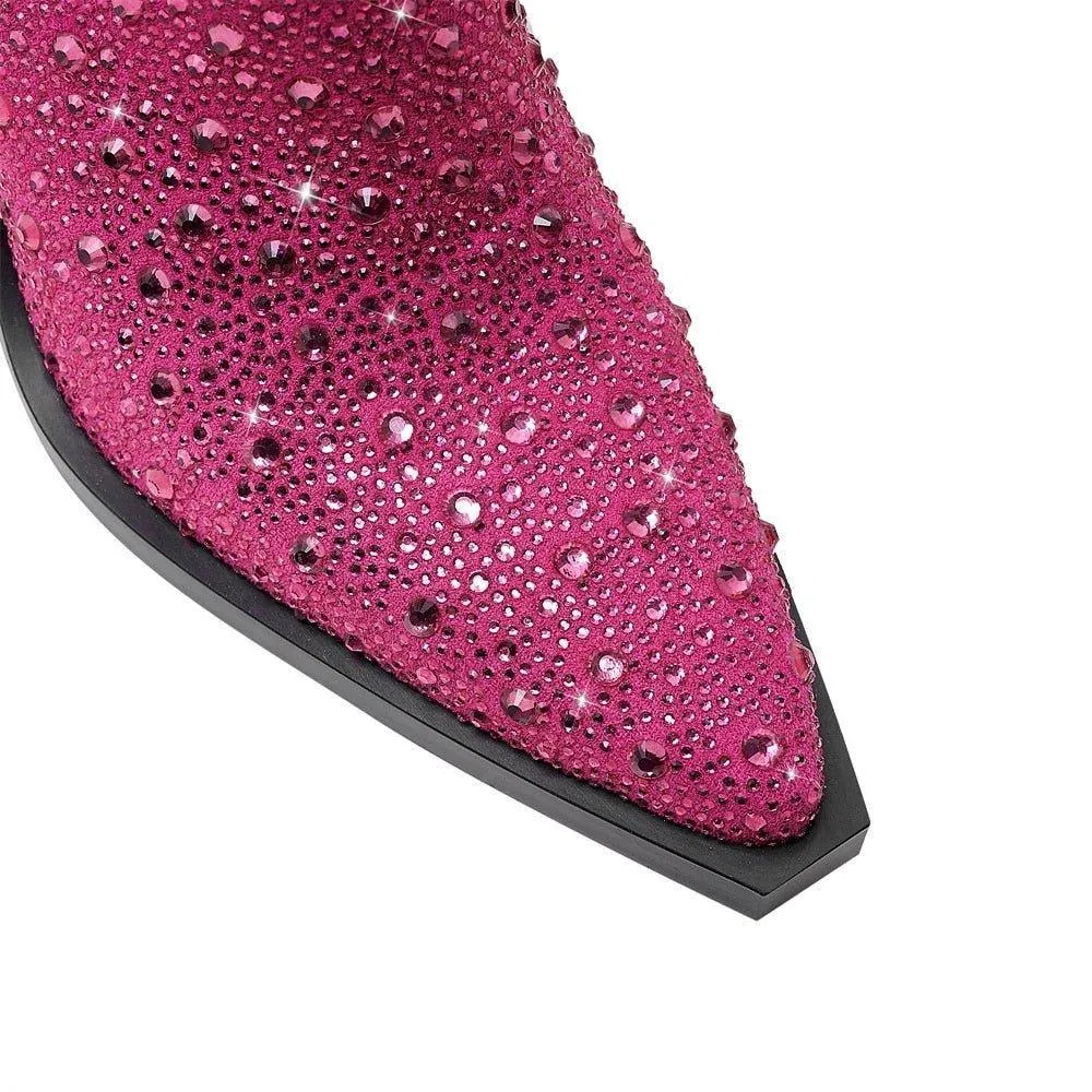 Go Go Girl Pointed Toe Mid-Calf Crystal Stone Boots