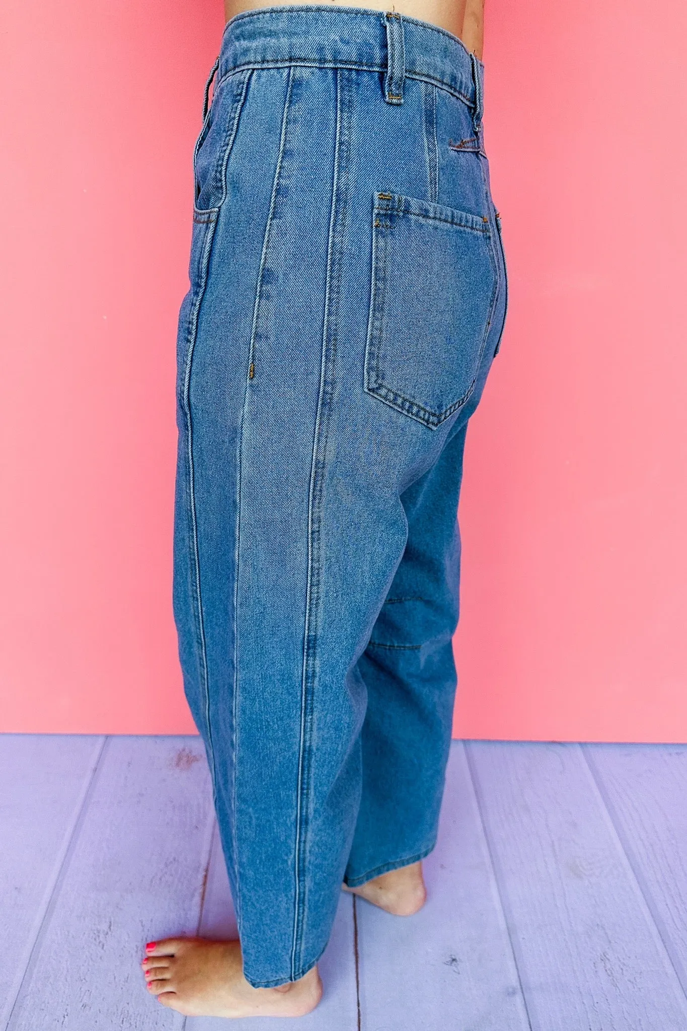 High Rise Medium Wash Wide Leg Barrel Jean