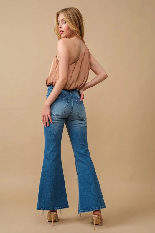 High Waist Flare Bottom W/ Rhinestone Fringe Jeans