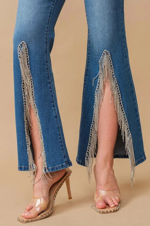 High Waist Flare Bottom W/ Rhinestone Fringe Jeans