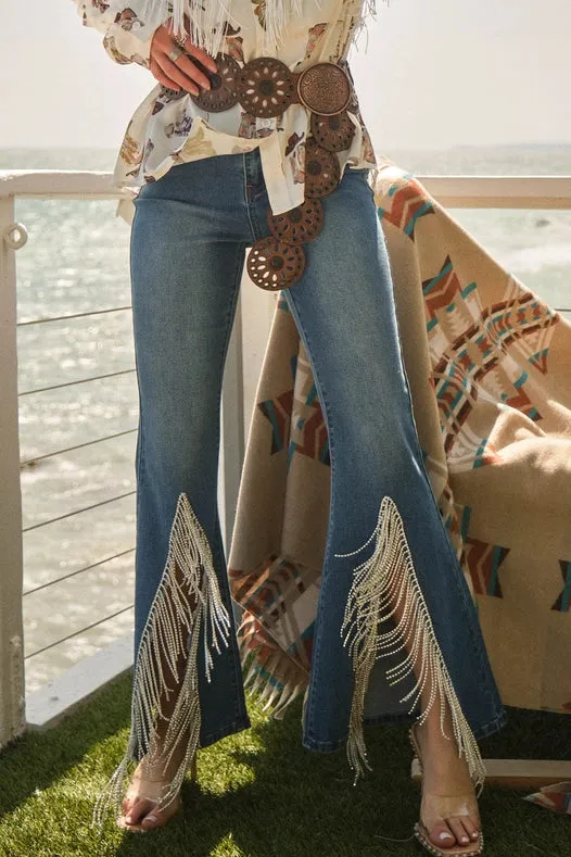 High Waist Flare Bottom W/ Rhinestone Fringe Jeans