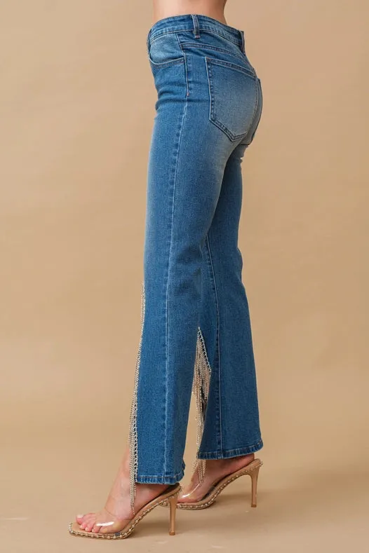 High Waist Flare Bottom W/ Rhinestone Fringe Jeans