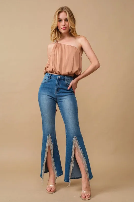 High Waist Flare Bottom W/ Rhinestone Fringe Jeans